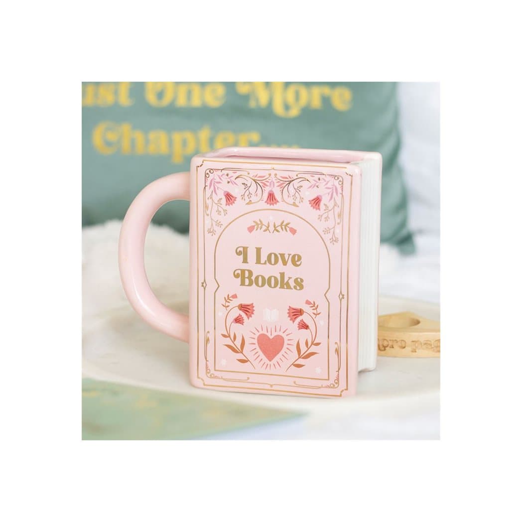 Ceramic mug shaped like a closed book with a printed cover design