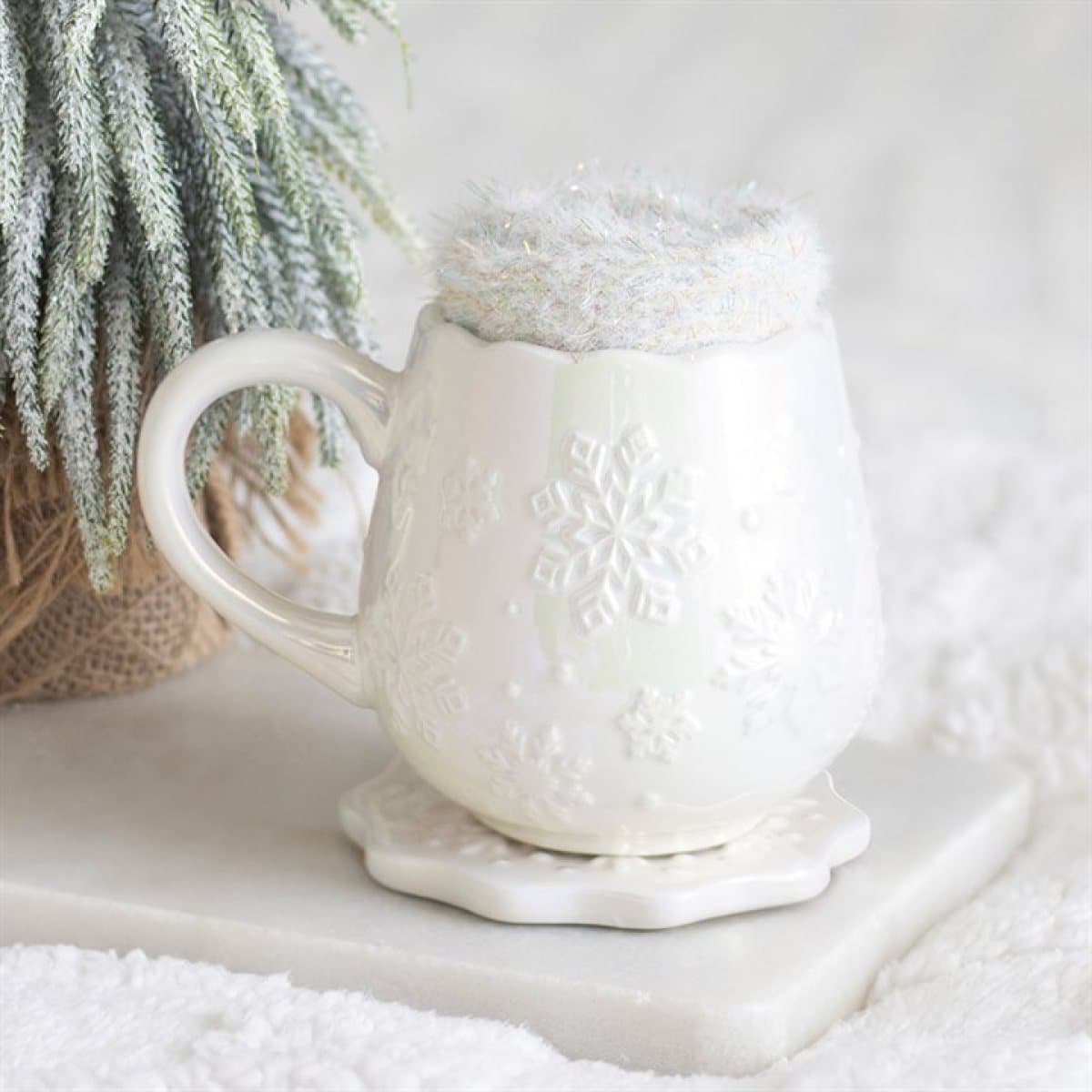 Iridescent white snowflake mug with matching coaster and fluffy socks
