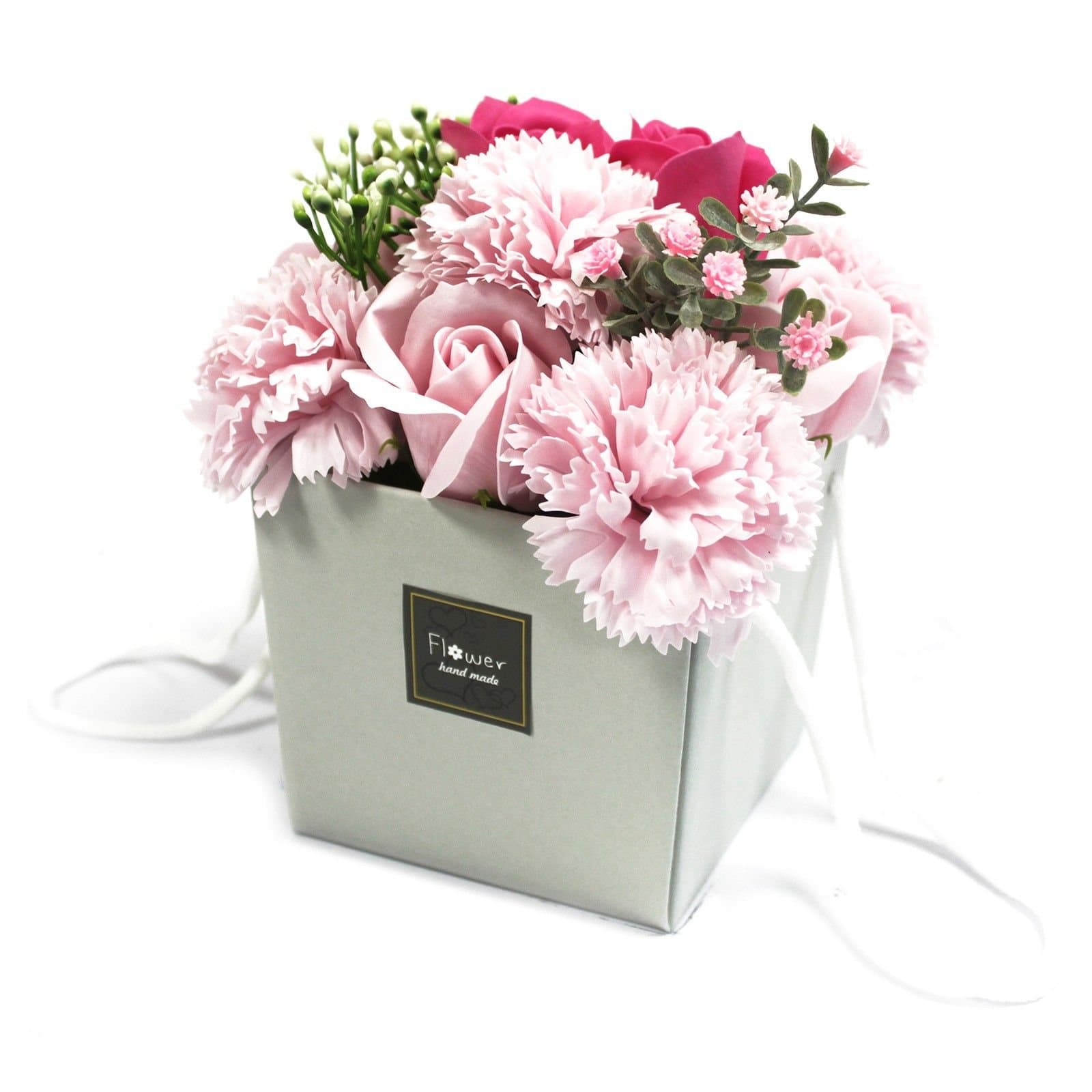 Soap flower bouquet of roses and carnations in a gift bag