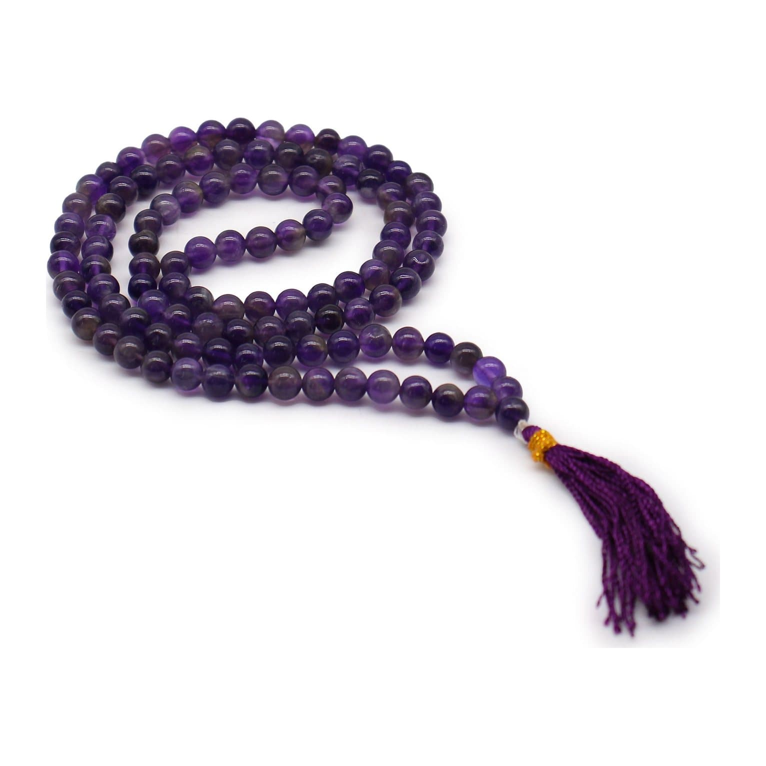 A purple amethyst 108 bead mala draped on a surface.
