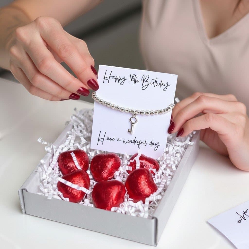 18th birthday gift box with a silver beaded key bracelet and chocolate hearts