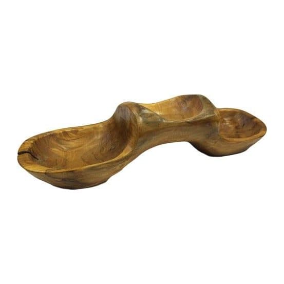 Three hand carved teak root bowls stacked in a pyramid