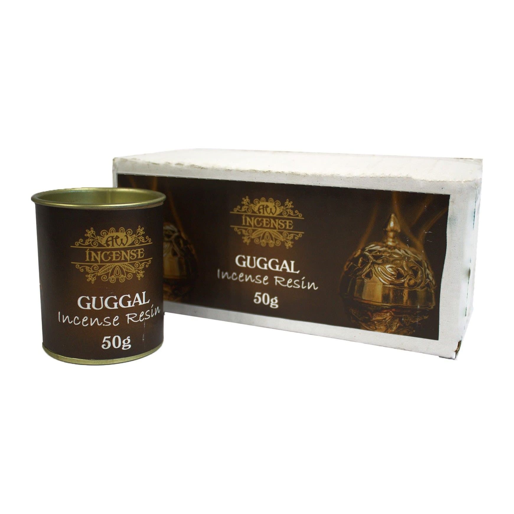 A 50 g tub of guggal resin incense