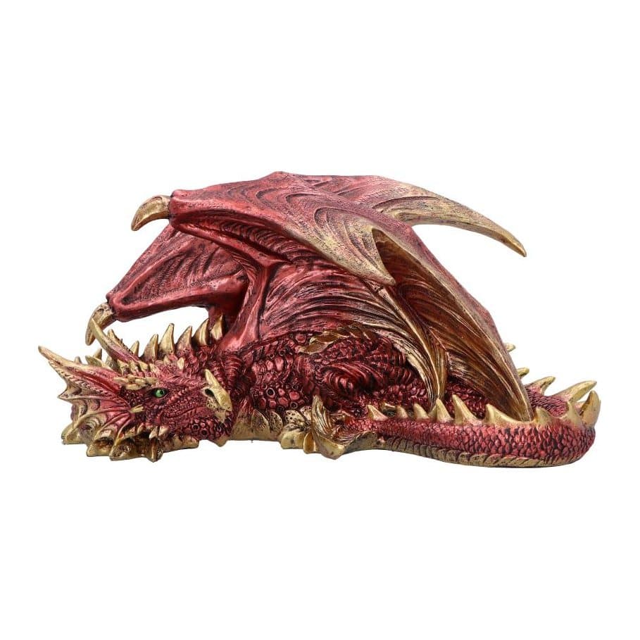 Aaden sleeping dragon figurine in a red metallic-like finish with yellow horns