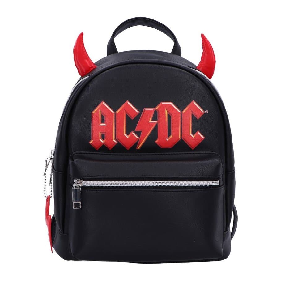Black AC/DC backpack with red logo on the front and small red devil horns
