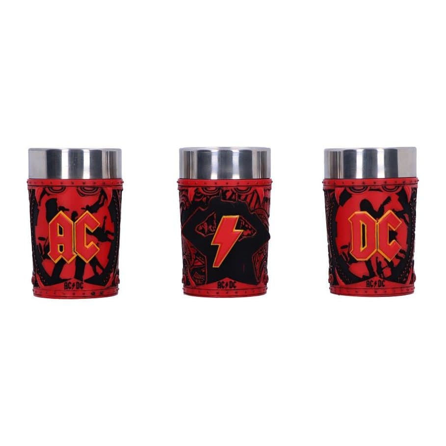 Set of three AC/DC shot glasses showing the band's logo and lightning bolt