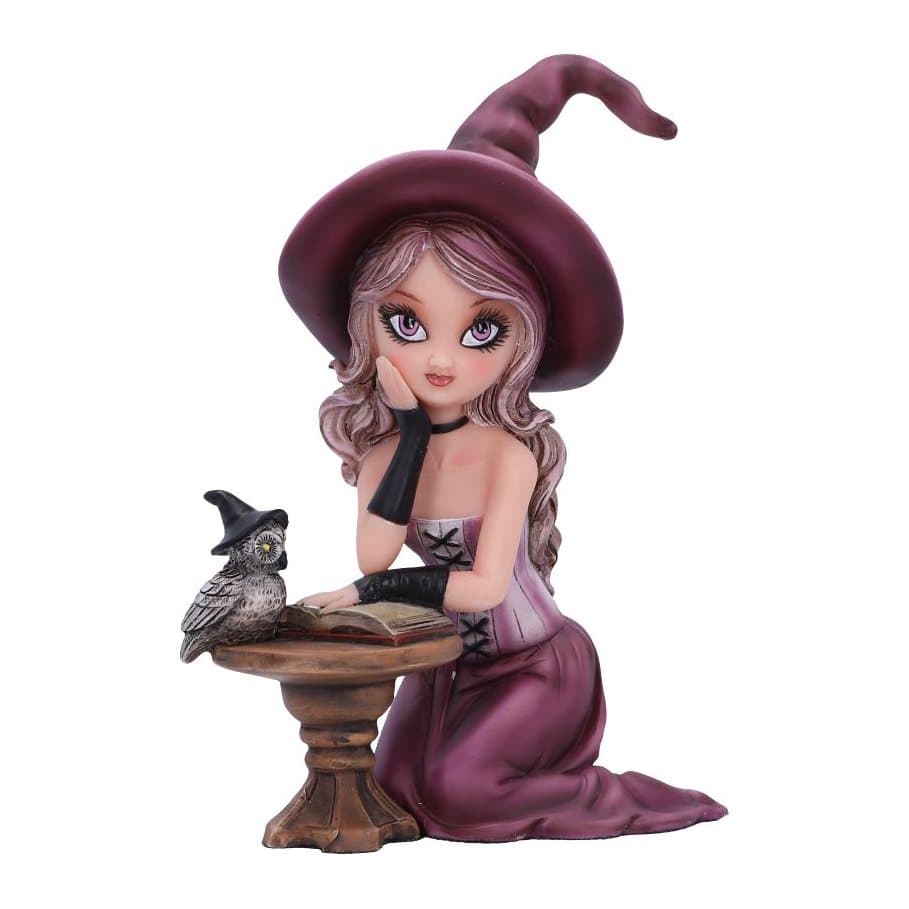 Hand-painted resin witch kneeling with an open spell book and owl