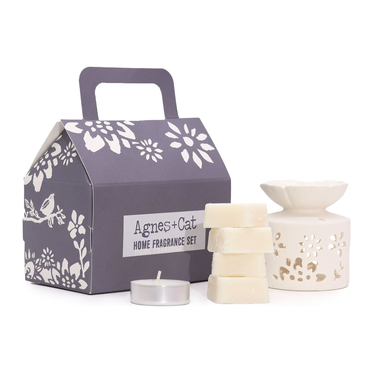Agnes + Cat gift set in a house-shaped box with floral cut-out details