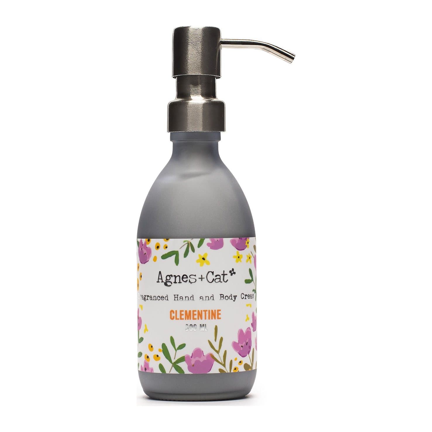 Agnes + Cat hand and body cream in a frosted glass bottle