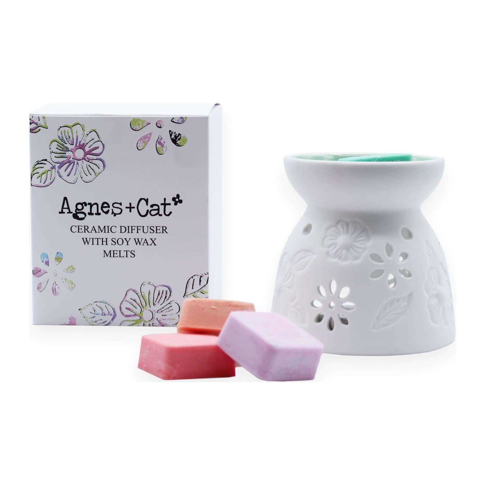 Ceramic wax melter with floral cut-outs and four melts