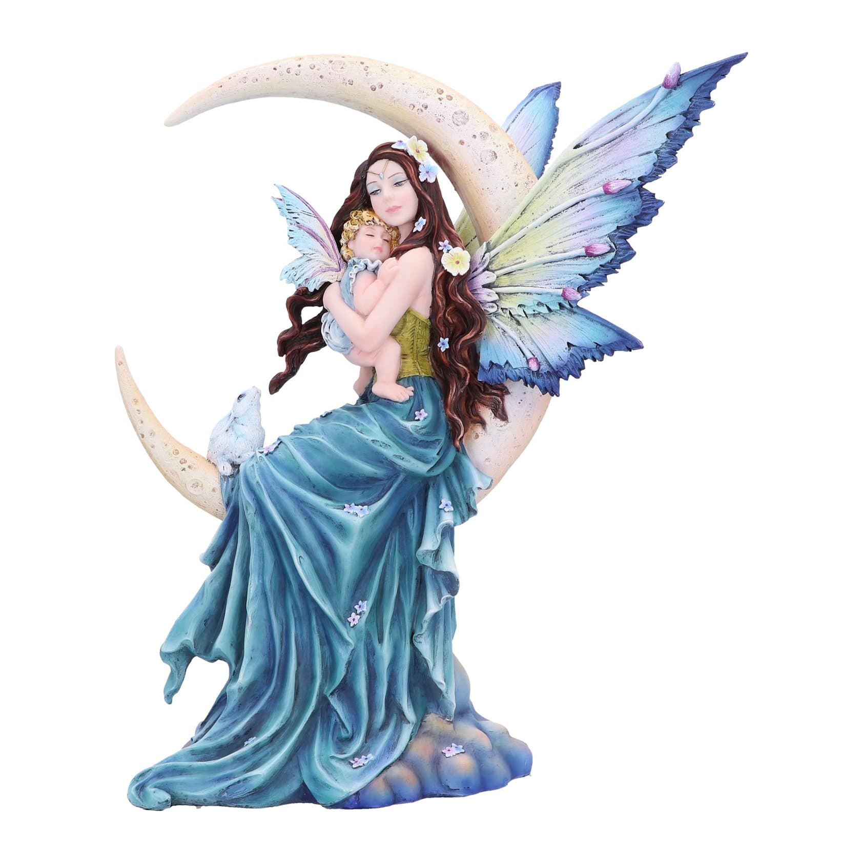 Fairy figurine on a crescent moon cradling a baby with a bunny looking up