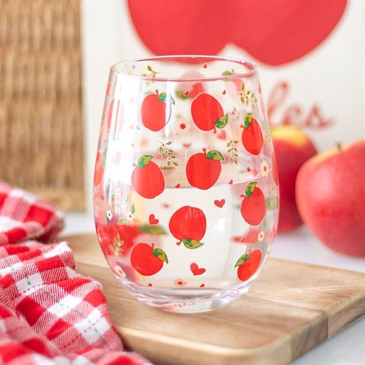 Apple print stemless glass