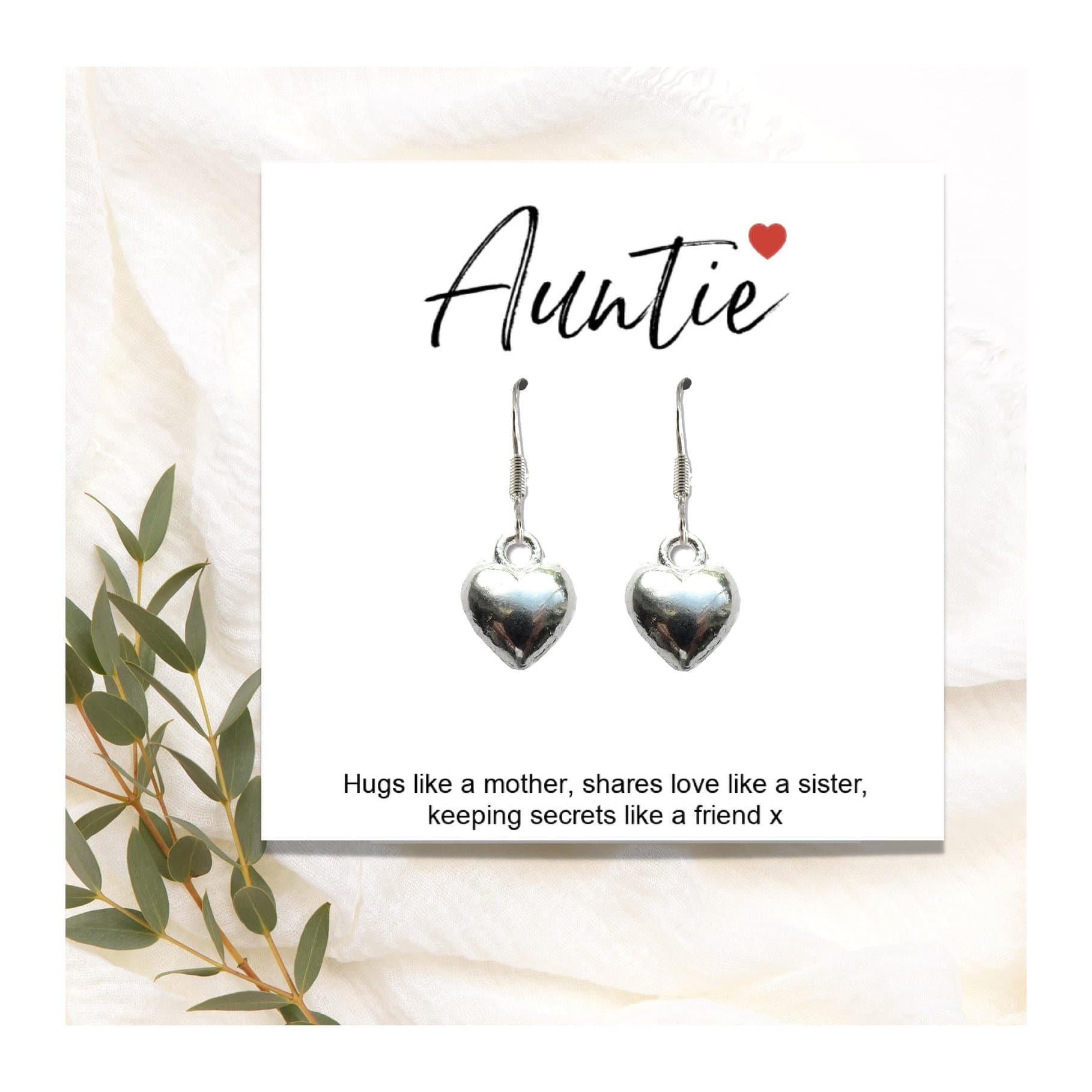 Auntie heart earrings presented on a gift card with a message for auntie