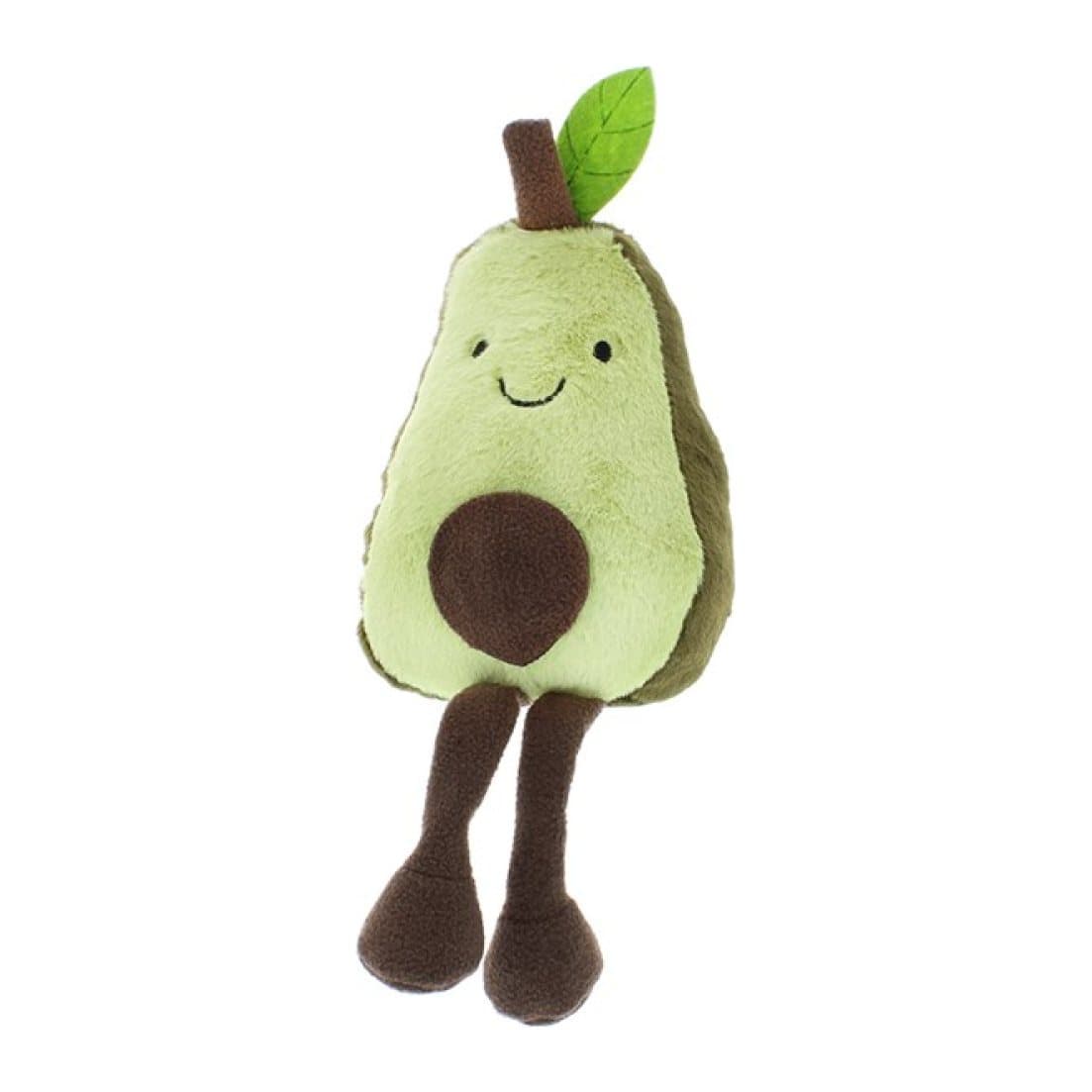 Green avocado plush with a brown stone detail, smile and long dangly legs