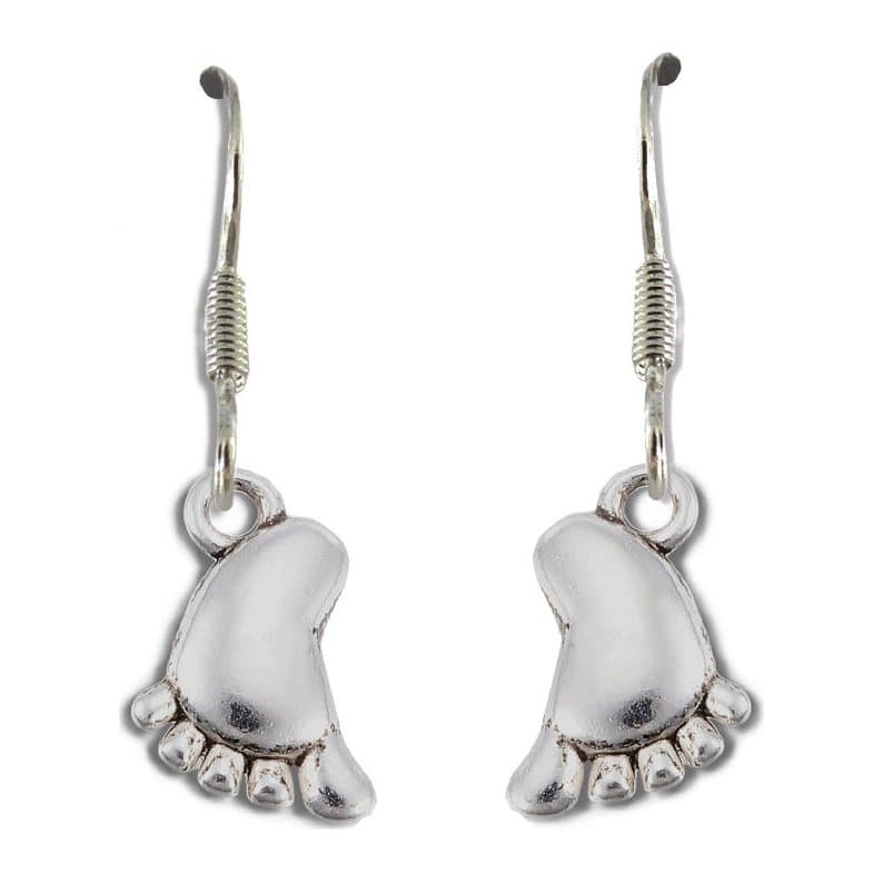 Silver baby foot drop earrings with a baby foot charm on each drop hook.