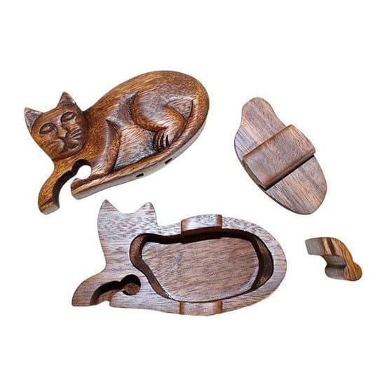 Hand-carved wooden puzzle box shaped like a cat