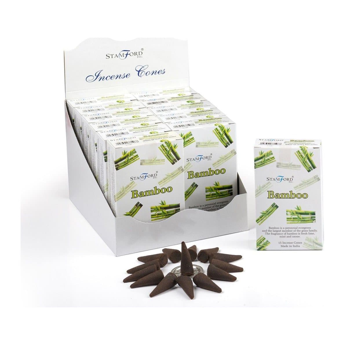 Bamboo incense cones in a pack of 2, with a metal incense holder
