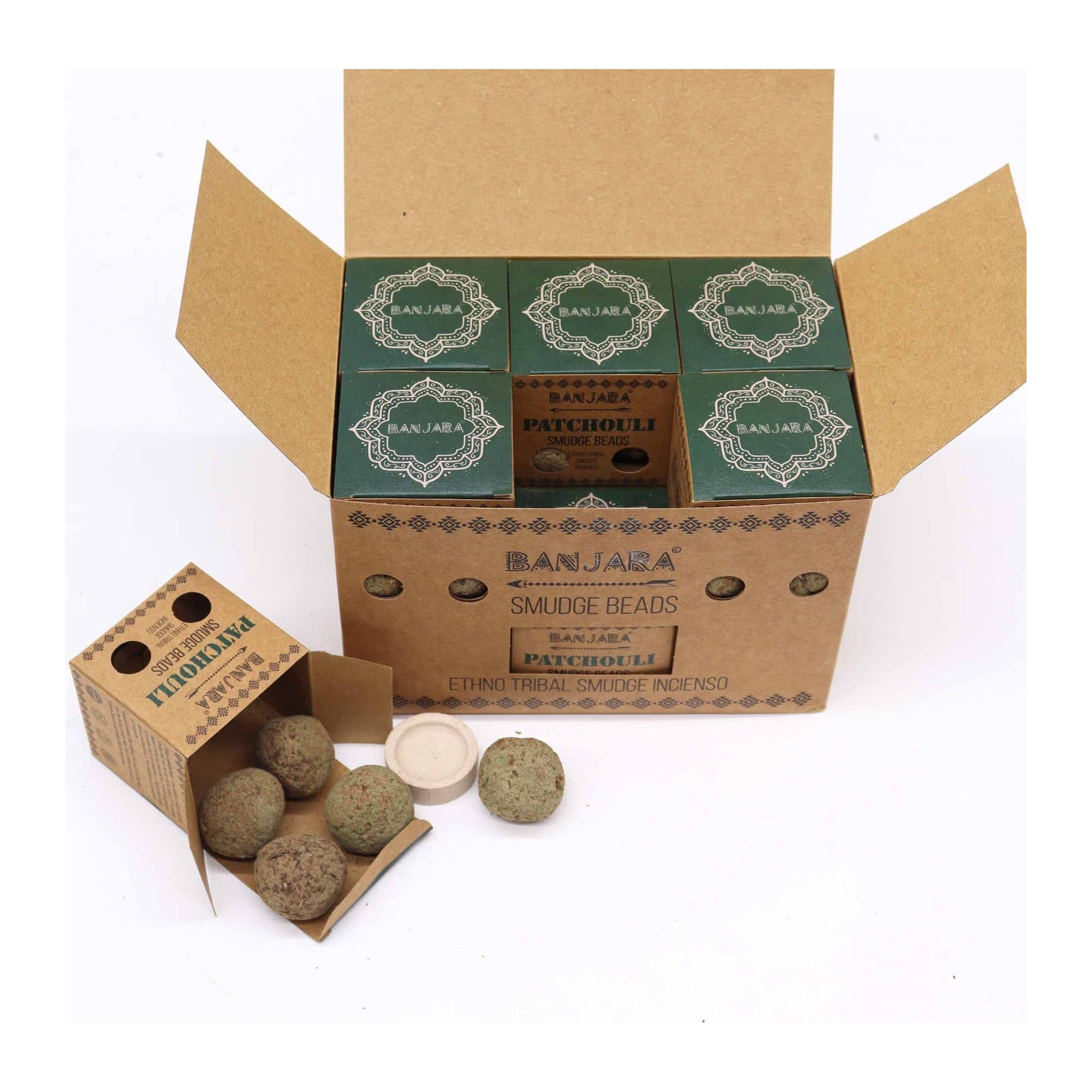 Box of Banjara patchouli smudge beads with a small holder
