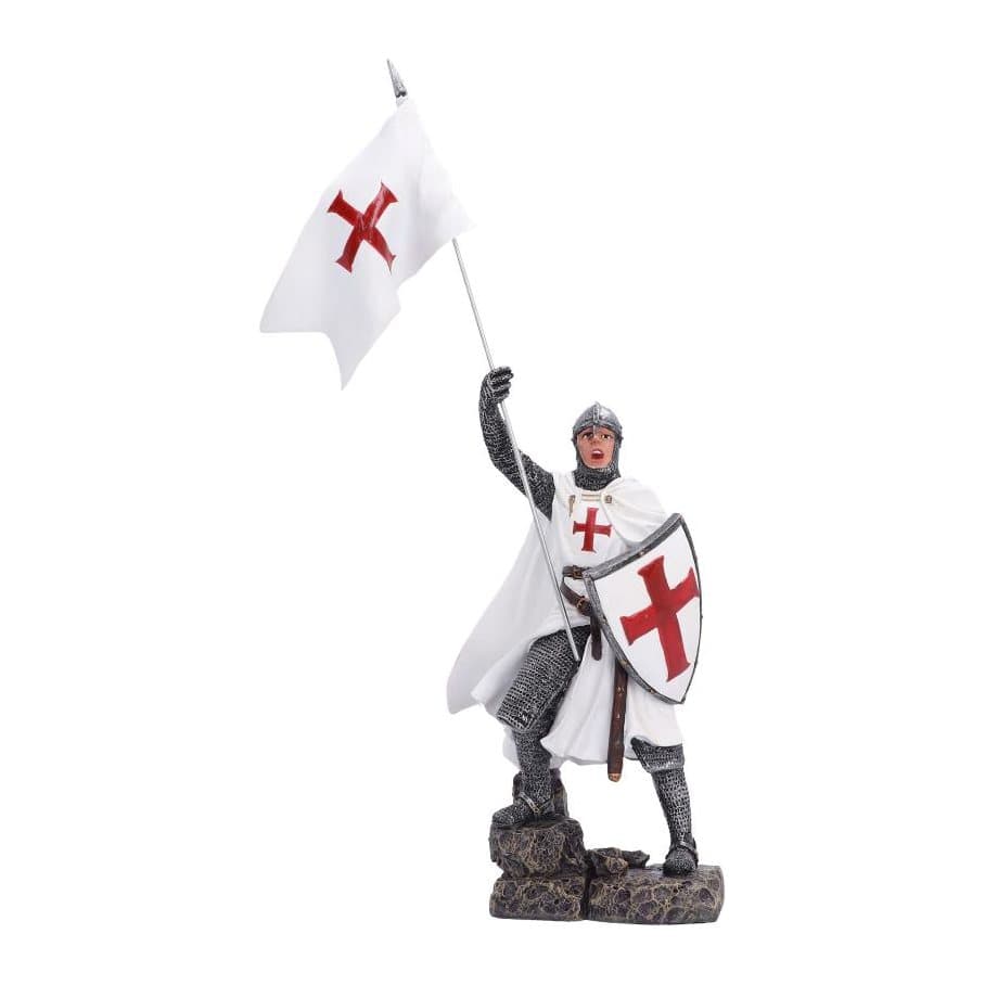 Knight figurine on a rock base, raising a flag with a red and white cross