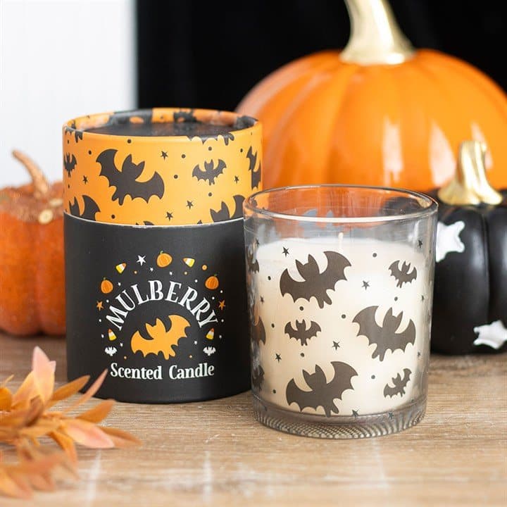 Glass jar candle printed with bats, with a wooden lid