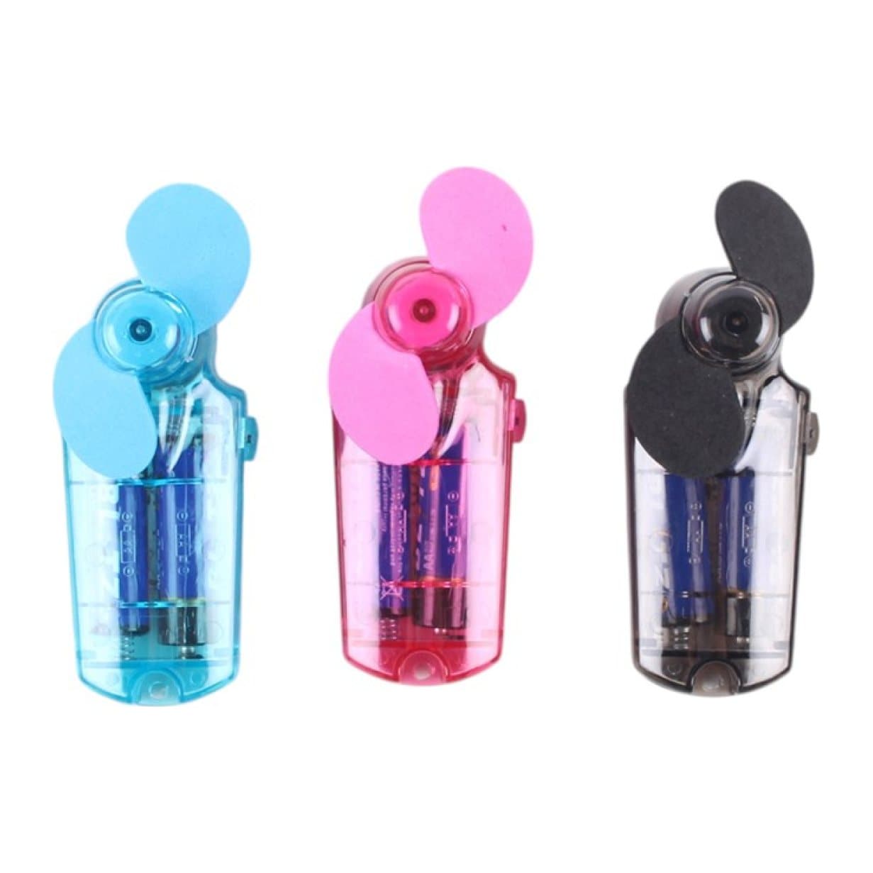 Three battery operated handheld fans in pink, black and blue