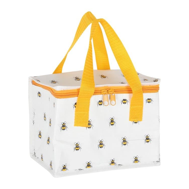Insulated lunch bag with an all-over bee print and zipper