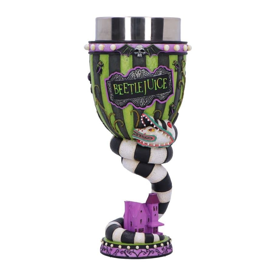 Beetlejuice goblet with a two-headed sandworm around the handle, in green and purple