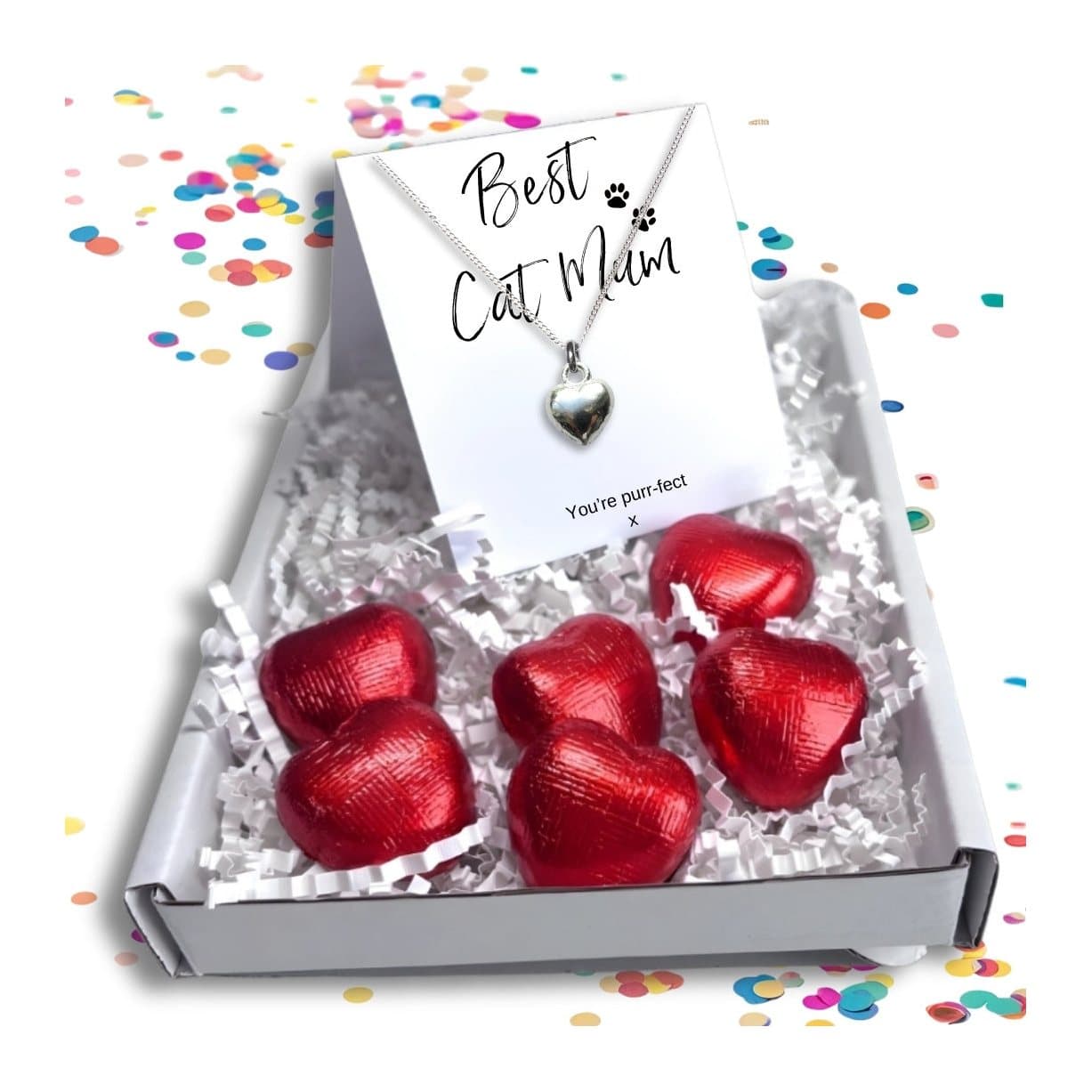 Best Cat Mum gift box with a silver heart necklace and red foiled chocolate hearts