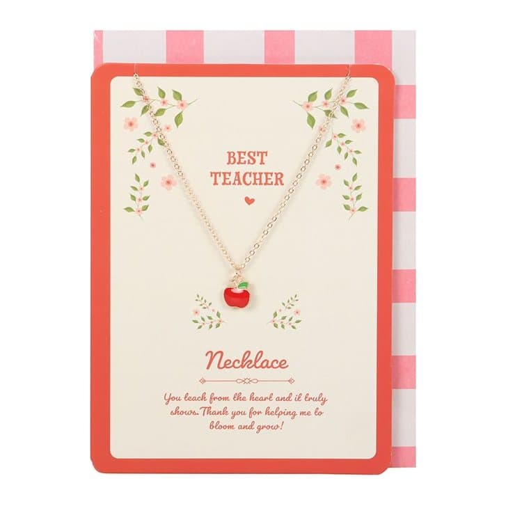Apple necklace on a Best Teacher card