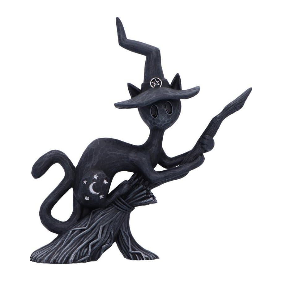 Black cat figurine on a broomstick wearing a crooked witch's hat