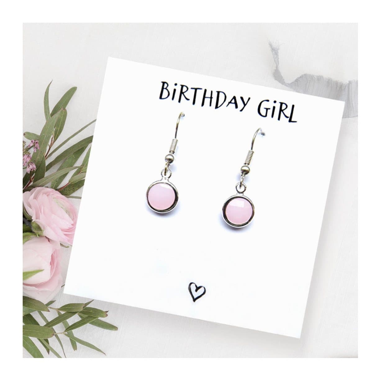 Birthstone drop earrings and birthday girl message card