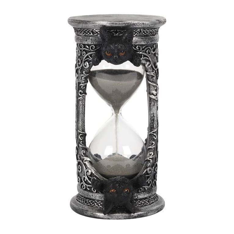 Black cat hourglass timer with gothic designs and a faux silver effect