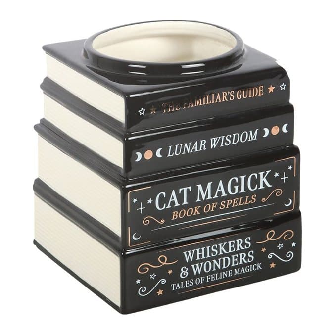 Black book stack vase with a cat