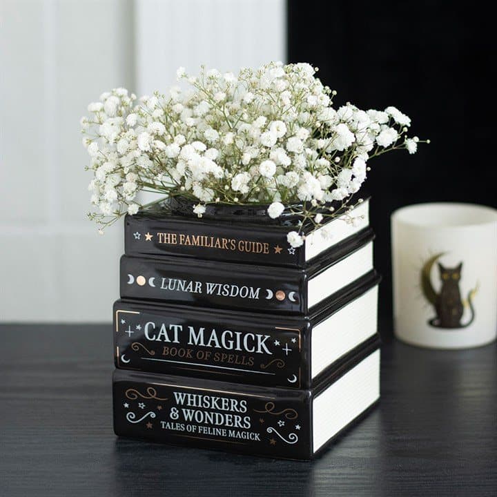 Black book stack vase with a cat