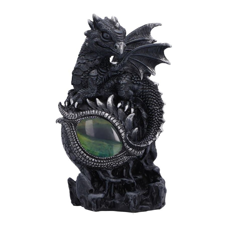 Black dragon figurine with a small dragon resting on a green dragon eye