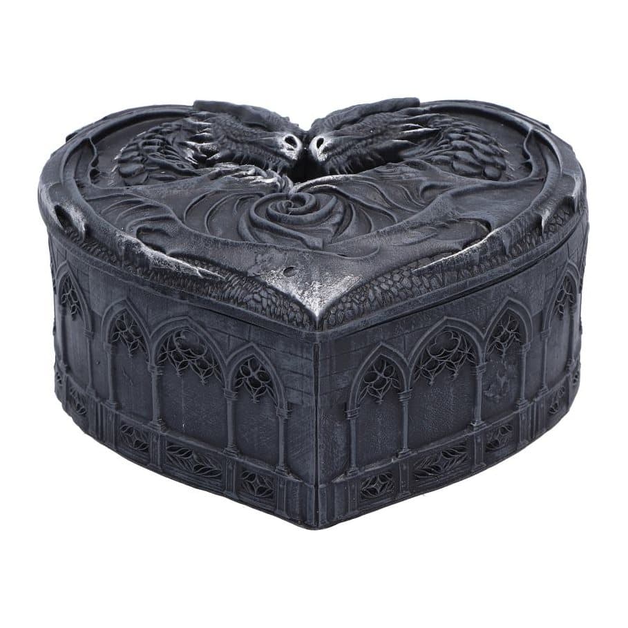 Black heart-shaped trinket box with two dragons painted in black and silver