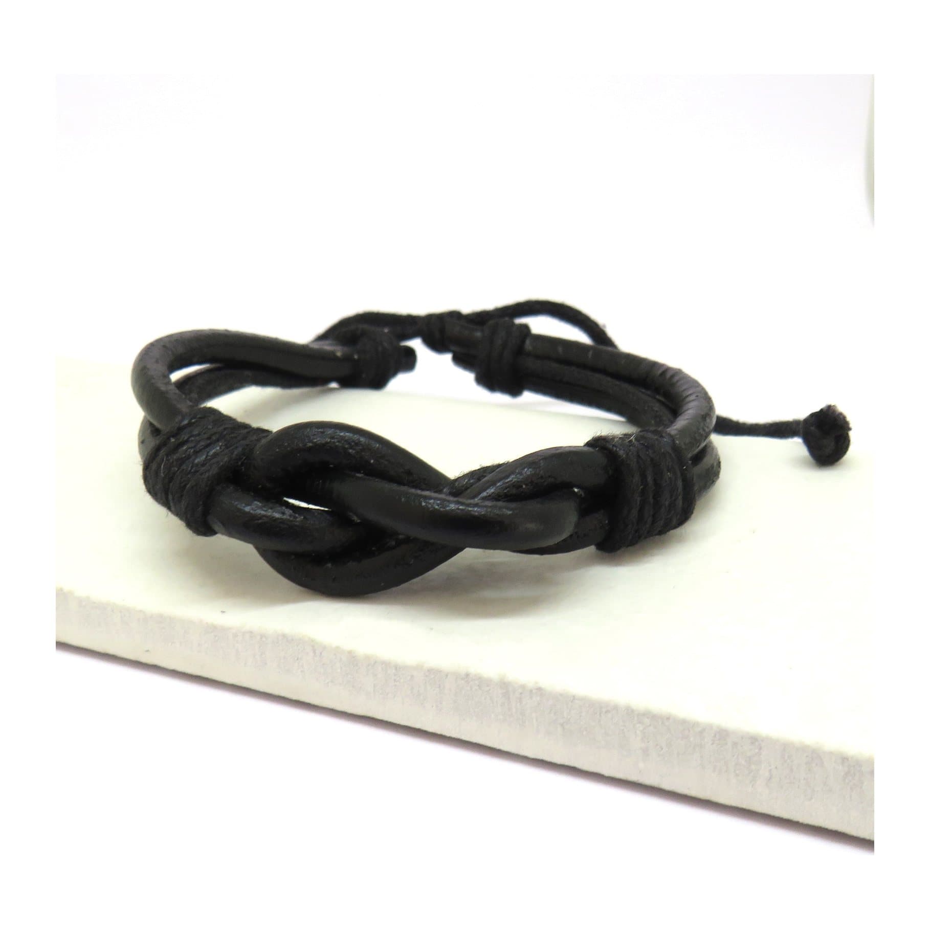 Black men's leather knot bracelet with an adjustable cord