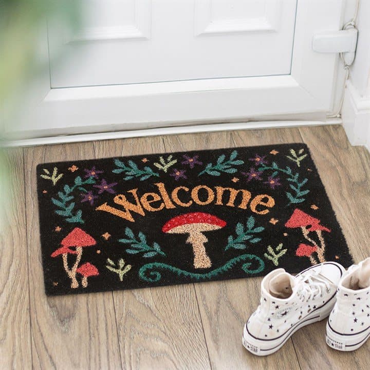 Black coir doormat with mushrooms