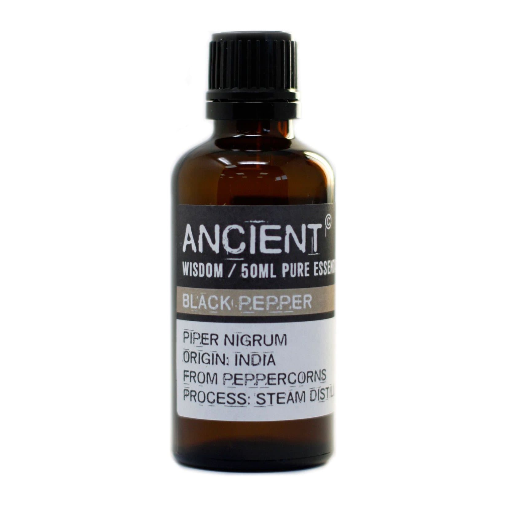 Black pepper essential oil in a 50ml bottle