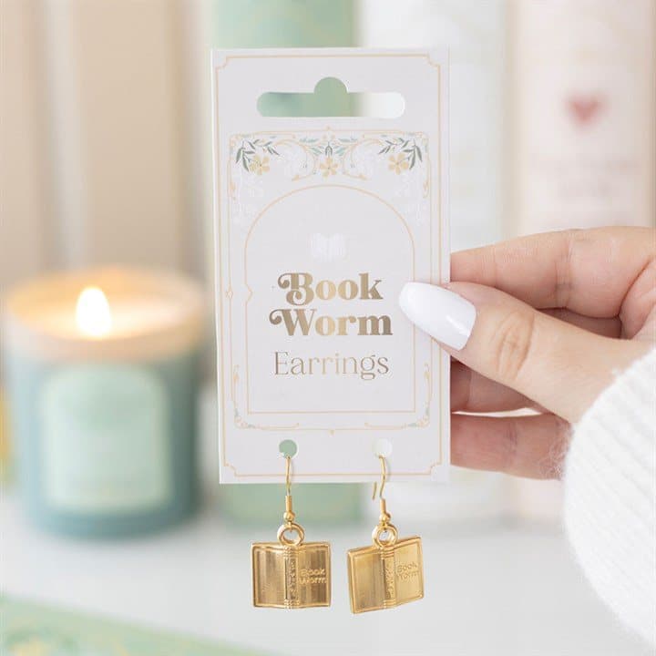 Book-shaped dangle earrings with a Book Worm design