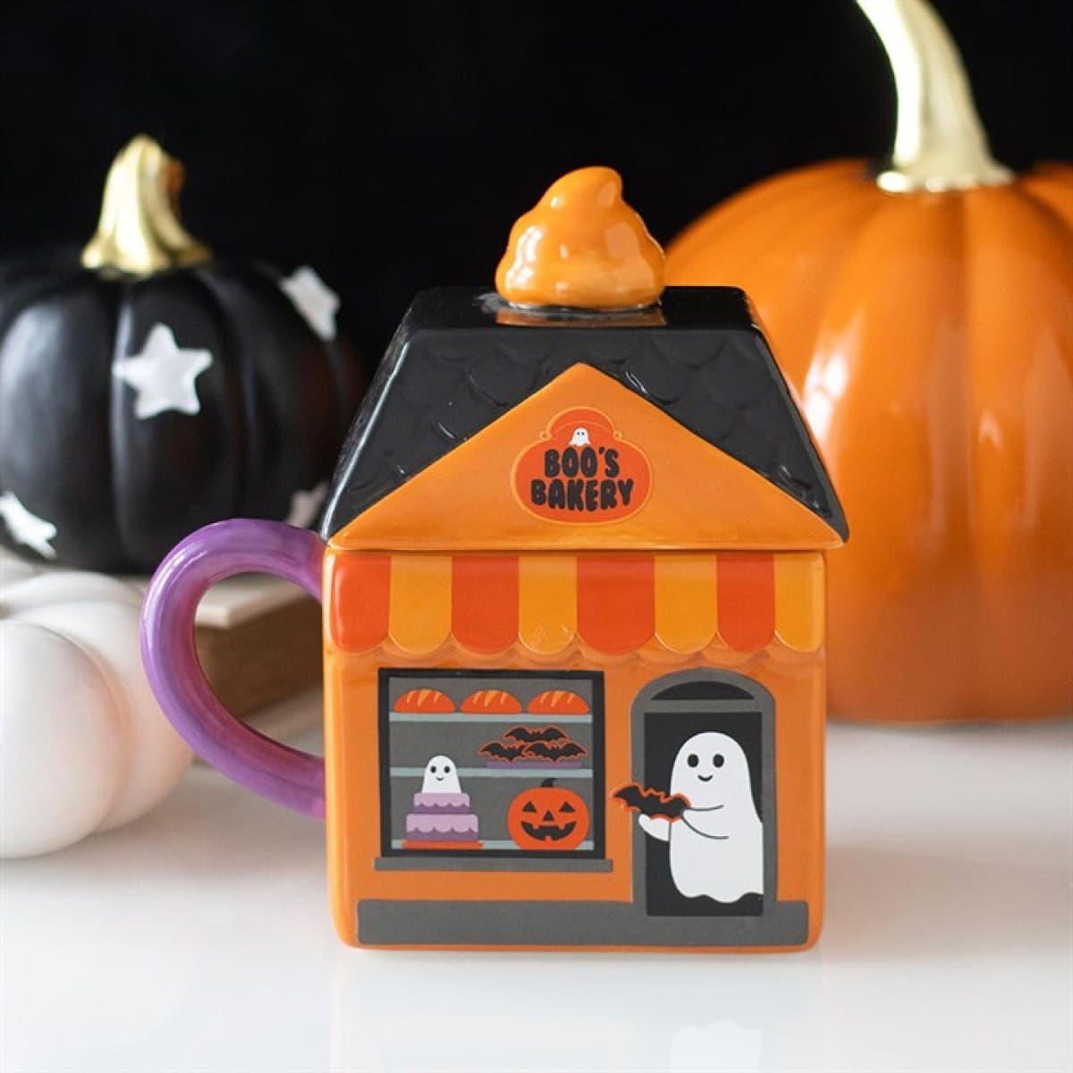 Boo's Bakery ghost lidded mug