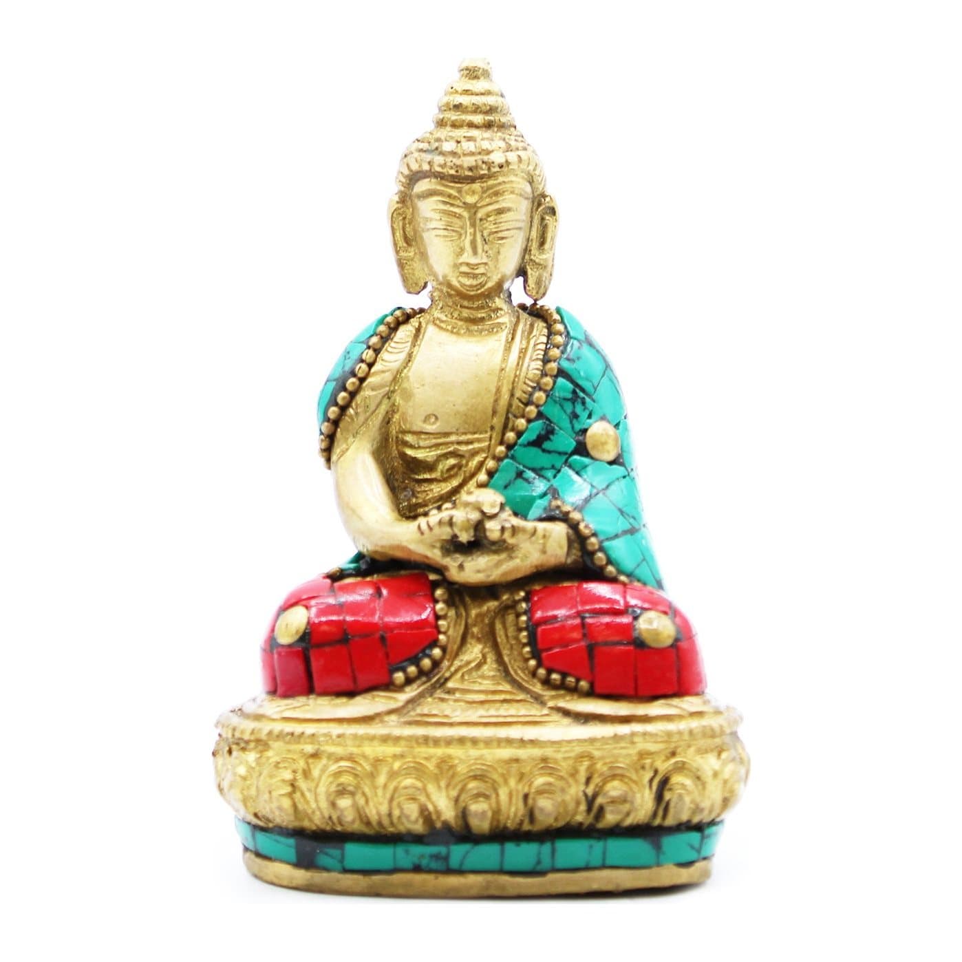 Solid brass Amitabha Buddha figure with red and turquoise detailing