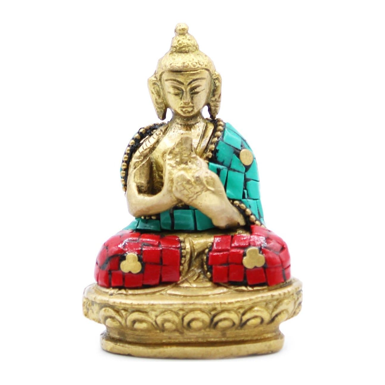 Solid brass Buddha figure with red and turquoise detail and raised right hand