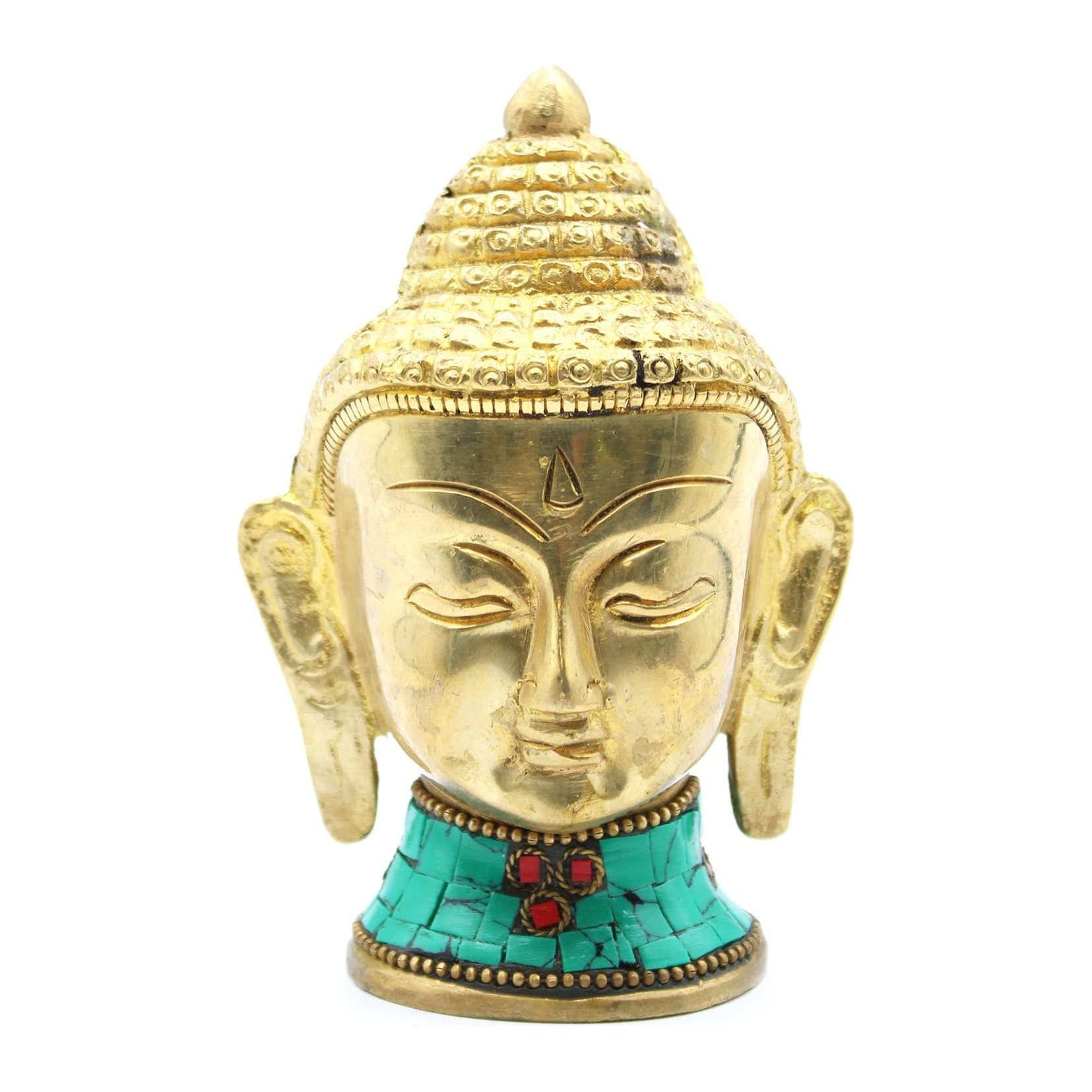 Solid brass Buddha sculpture with an oversized head and red and turquoise accents