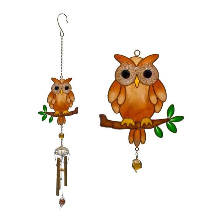 Brown owl windchime with glitter details hanging with glass chimes