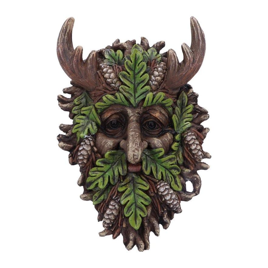 Bryn wall mounted tree spirit with a face of green leaves, pine cones and large antlers