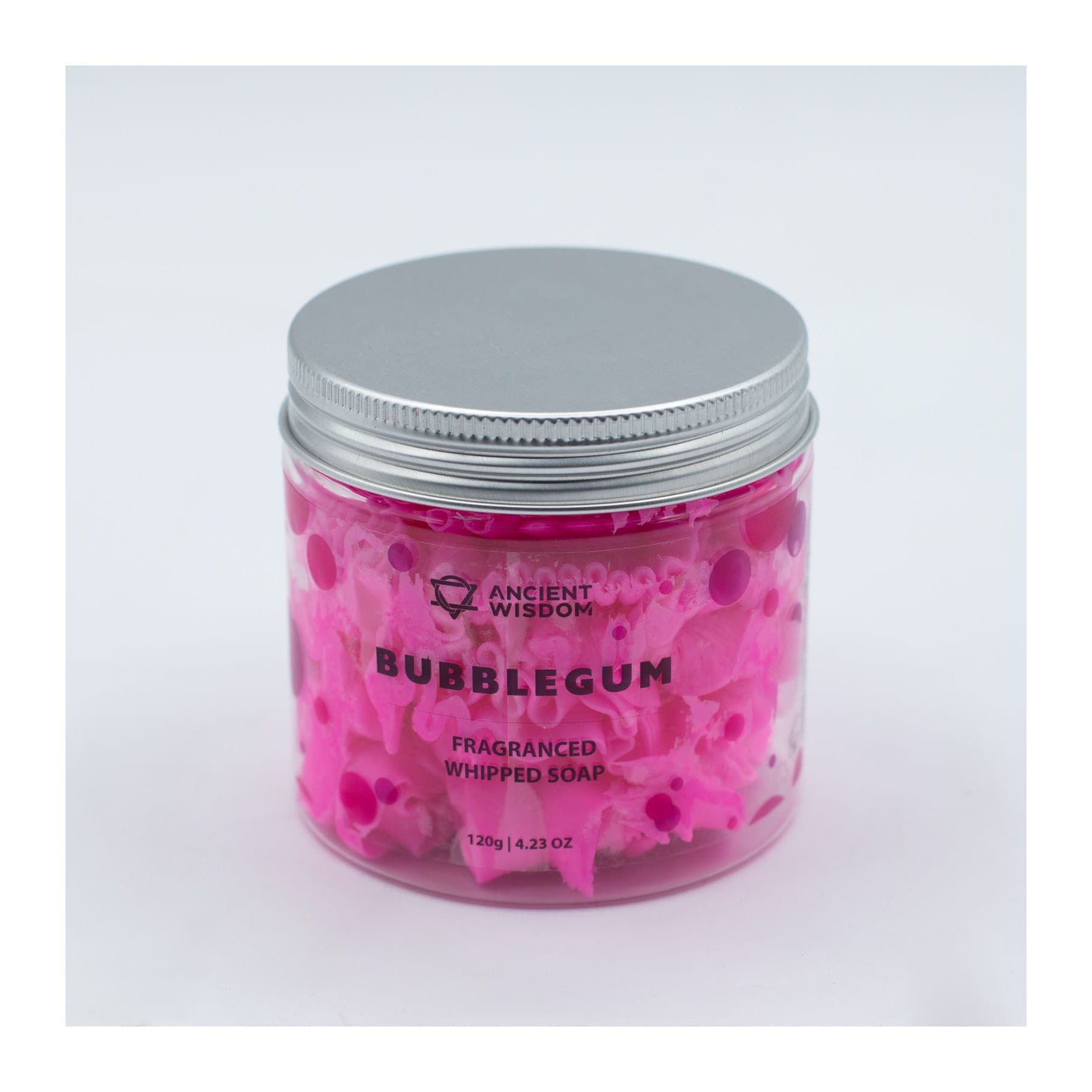 Bubblegum whipped soap in a clear jar with a bright pink swirl