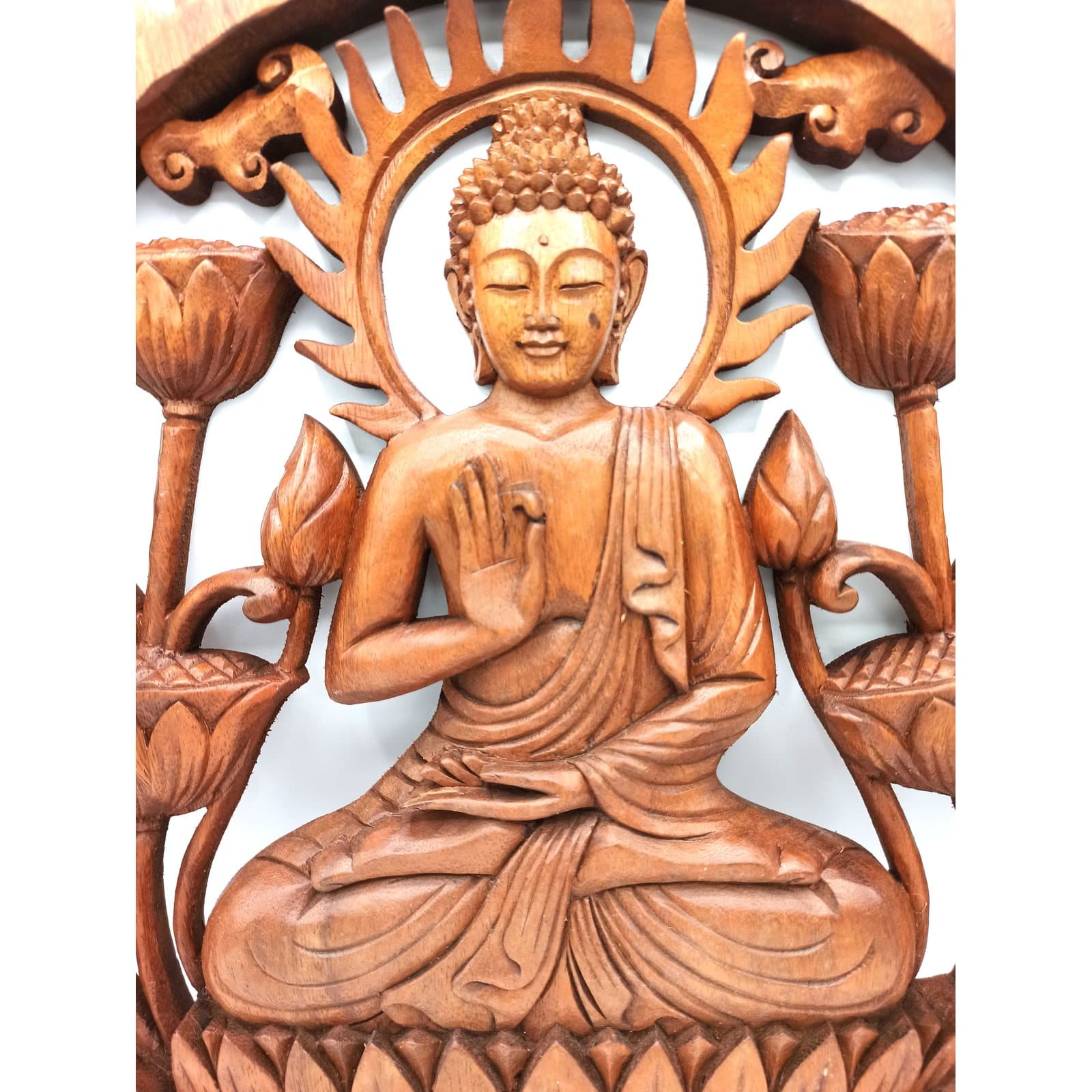 Suar wood panel with a Buddha and lotus design