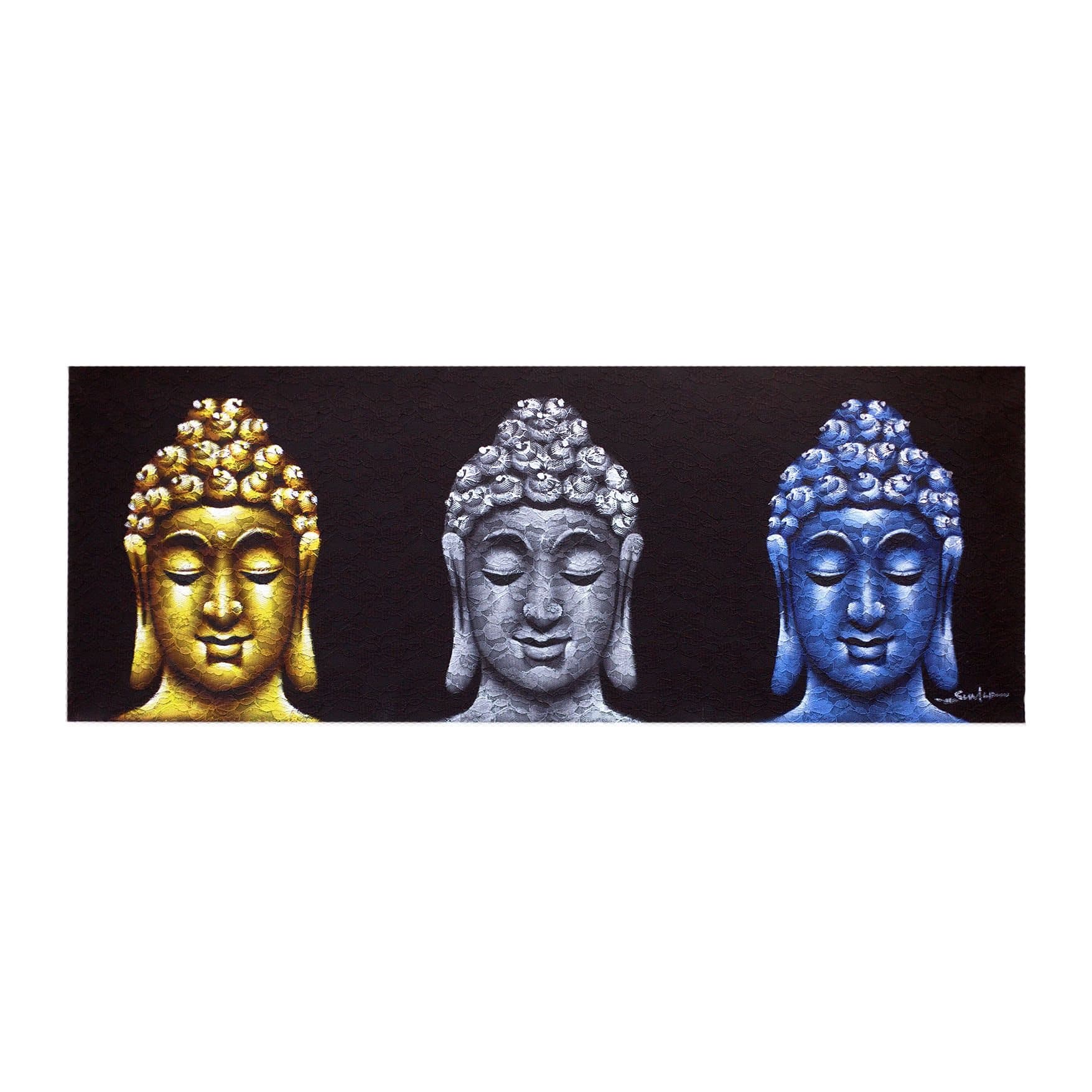 Buddha painting with three heads on canvas in a wooden frame