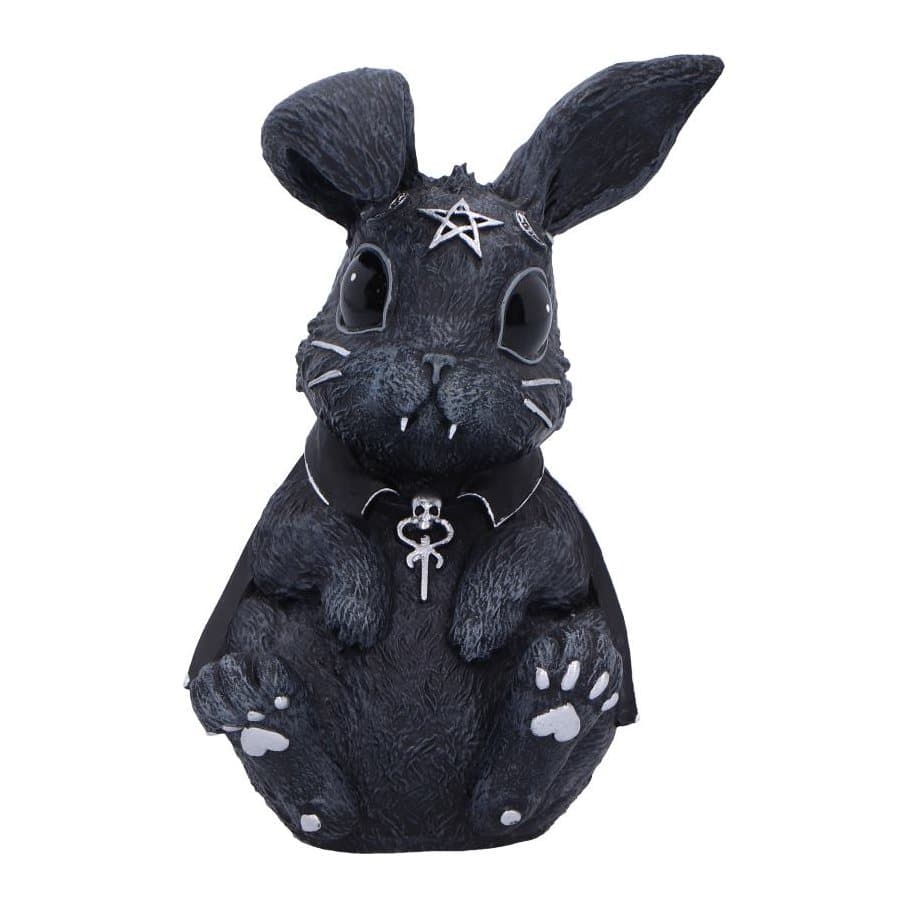 Gothic vampire bunny figurine in a cloak with occult symbols and silver accents